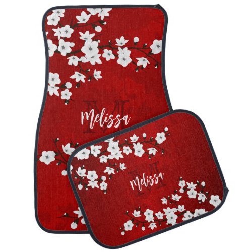 Asia Floral White Cherry Blossom Red Monogram Car Floor Mat