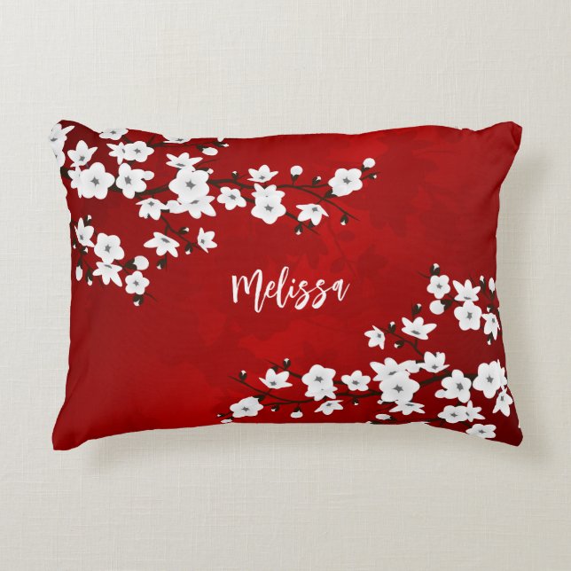 Asia Floral White Cherry Blossom Red Monogram Decorative Pillow (Front)