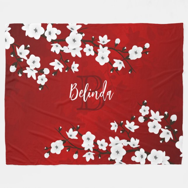 Asia Floral White Cherry Blossom Red Monogram Fleece Blanket (Front (Horizontal))