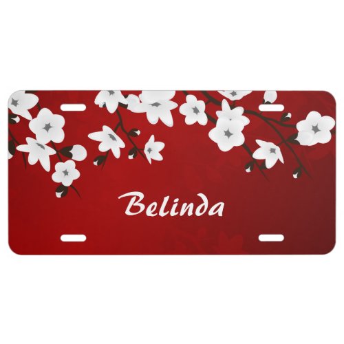 Asia Floral White Cherry Blossom Red Monogram License Plate