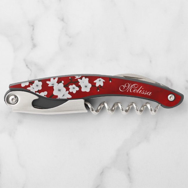 Asia Floral White Cherry Blossom Red Monogram Waiter's Corkscrew (Front)