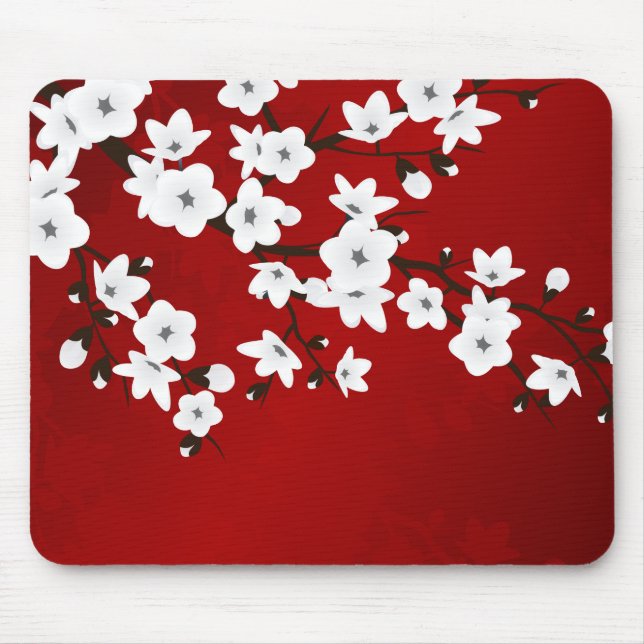 Asia Floral White Cherry Blossom Red Mouse Pad (Front)