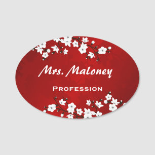 Asia Floral White Cherry Blossom Red Name Tag