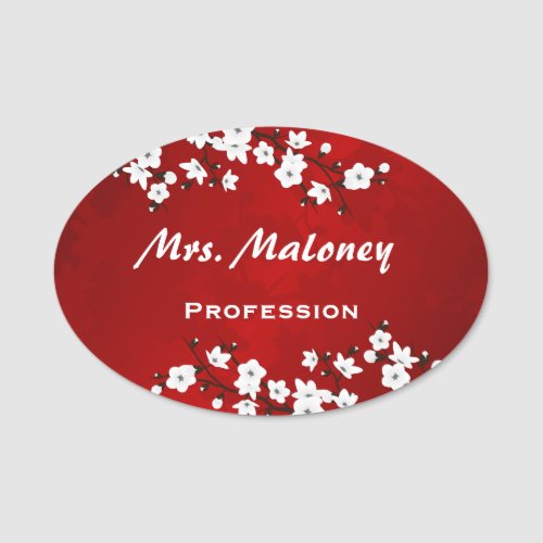 Asia Floral White Cherry Blossom Red Name Tag
