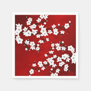 Asia Floral White Cherry Blossom Red Napkins