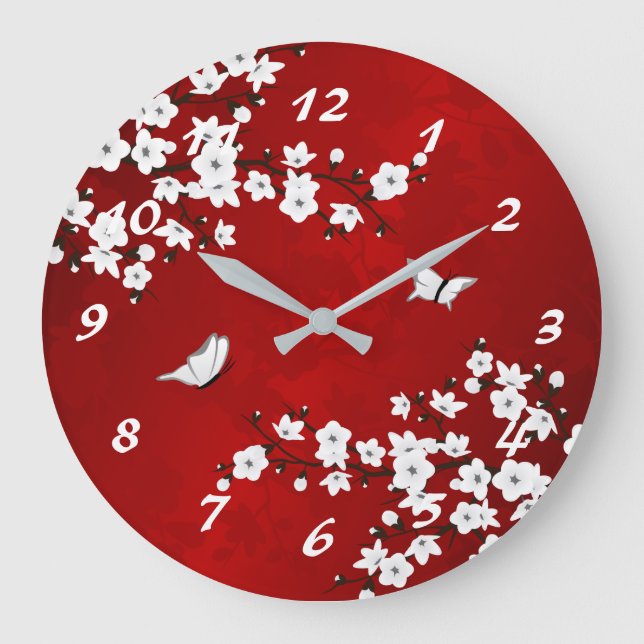 Asia Floral White Cherry Blossom Red Numbers Large Clock (Front)