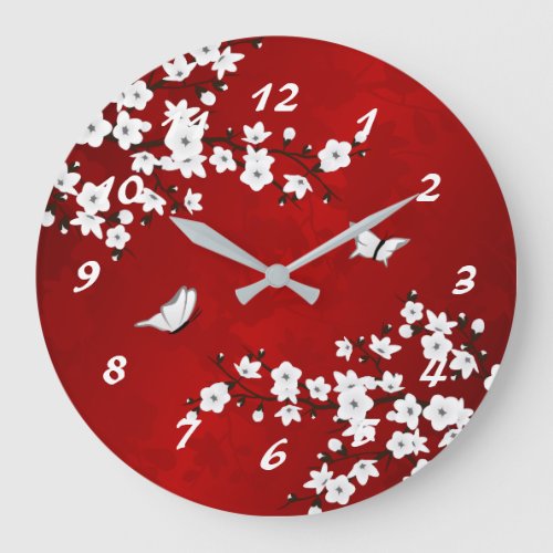 Asia Floral White Cherry Blossom Red Numbers Large Clock