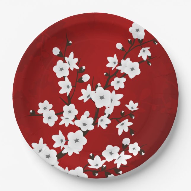 Asia Floral White Cherry Blossom Red Paper Plates (Front)