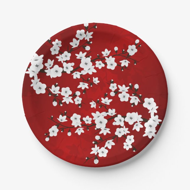Asia Floral White Cherry Blossom Red Paper Plates (Front)