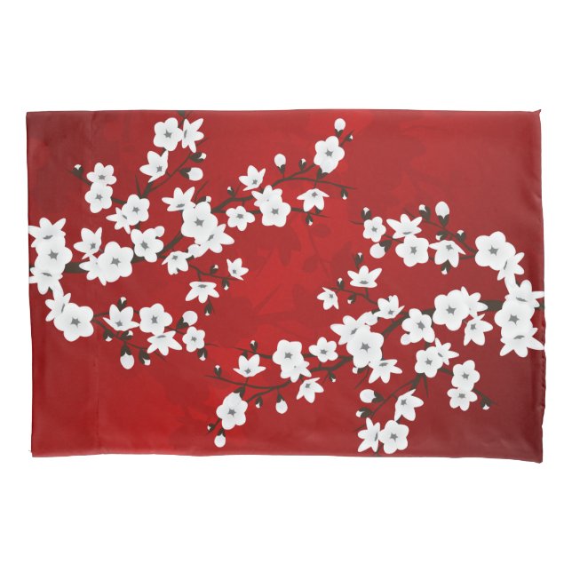 Asia Floral White Cherry Blossom Red Pillow Case (Front)