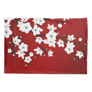 Asia Floral White Cherry Blossom Red Pillowcase