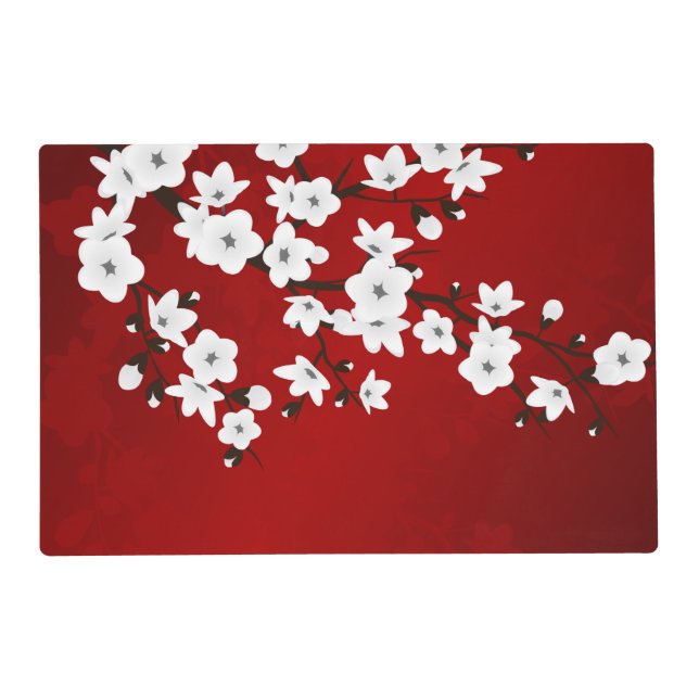 Asia Floral White Cherry Blossom Red Placemat (Front)
