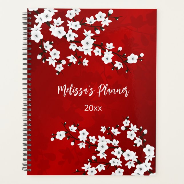 Asia Floral White Cherry Blossom Red Planner (Front)