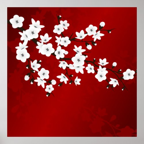 Asia Floral White Cherry Blossom Red Poster