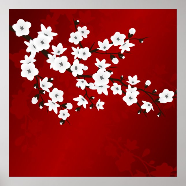 Asia Floral White Cherry Blossom Red Poster (Front)