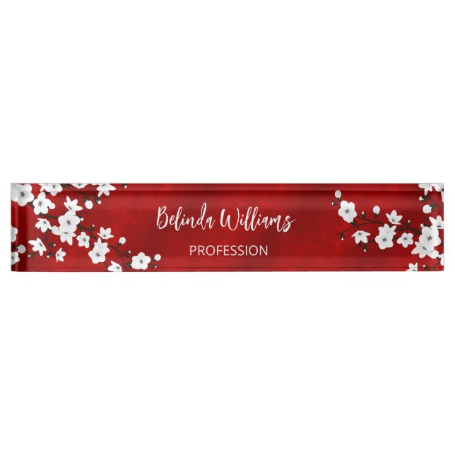 Asia Floral White Cherry Blossom Red Salon Desk Name Plate (Front)