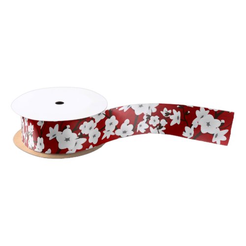 Asia Floral White Cherry Blossom Red Satin Ribbon