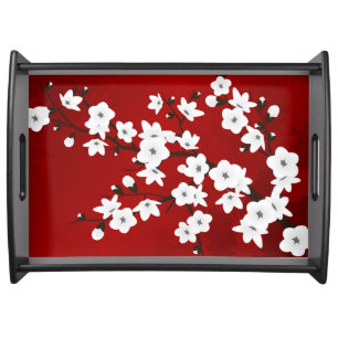 Asia Floral White Cherry Blossom Red Serving Tray