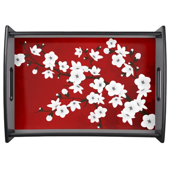Asia Floral White Cherry Blossom Red Serving Tray (Front)