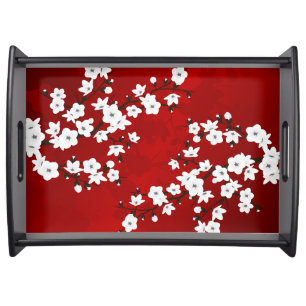 Asia Floral White Cherry Blossom Red Serving Tray
