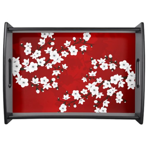 Asia Floral White Cherry Blossom Red Serving Tray