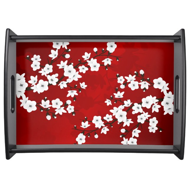 Asia Floral White Cherry Blossom Red Serving Tray (Front)