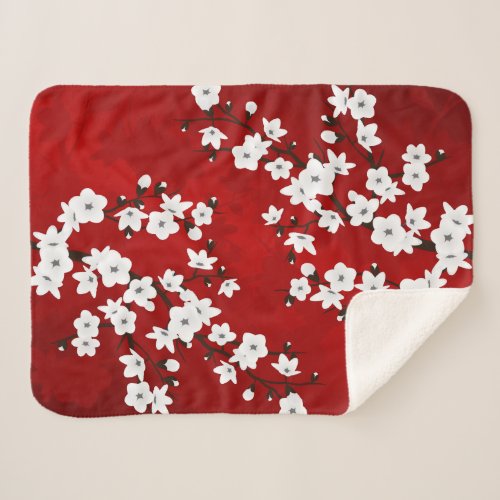 Asia Floral White Cherry Blossom Red Sherpa Blanket