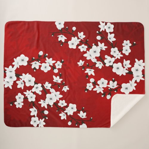 Asia Floral White Cherry Blossom Red Sherpa Blanket