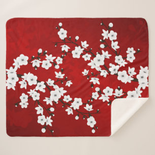 Asia Floral White Cherry Blossom Red Sherpa Blanket