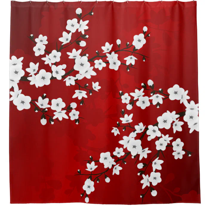 Asia Fl White Cherry Blossom Red, Red And Black Shower Curtain