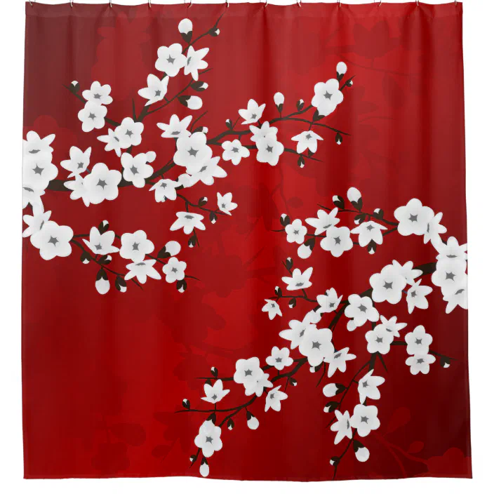 Asia Fl White Cherry Blossom Red Shower Curtain Zazzle Com Asia Fl White Cherry Blossom Red, Red And Black Shower Curtain