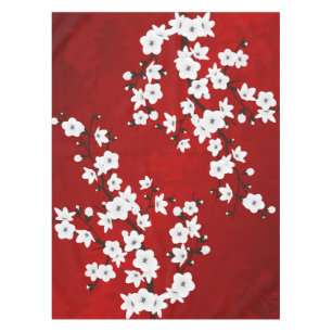 Asia Floral White Cherry Blossom Red Tablecloth