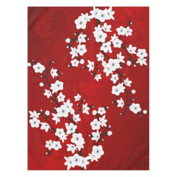 Asia Floral White Cherry Blossom Red Tablecloth by NinaBaydur at Zazzle