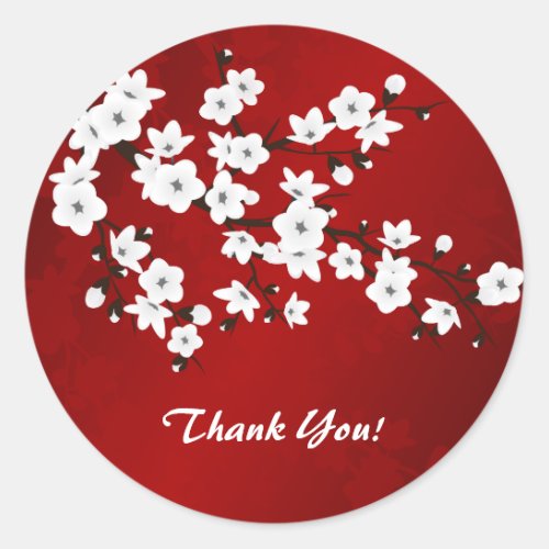 Asia Floral White Cherry Blossom Red Thank You Classic Round Sticker