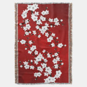 Asia Floral White Cherry Blossom Red Throw Blanket (Front Vertical)