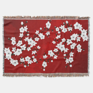 Asia Floral White Cherry Blossom Red Throw Blanket