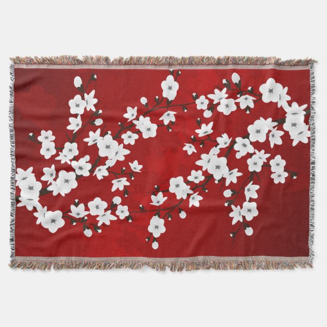 Asia Floral White Cherry Blossom Red Throw Blanket (Front)