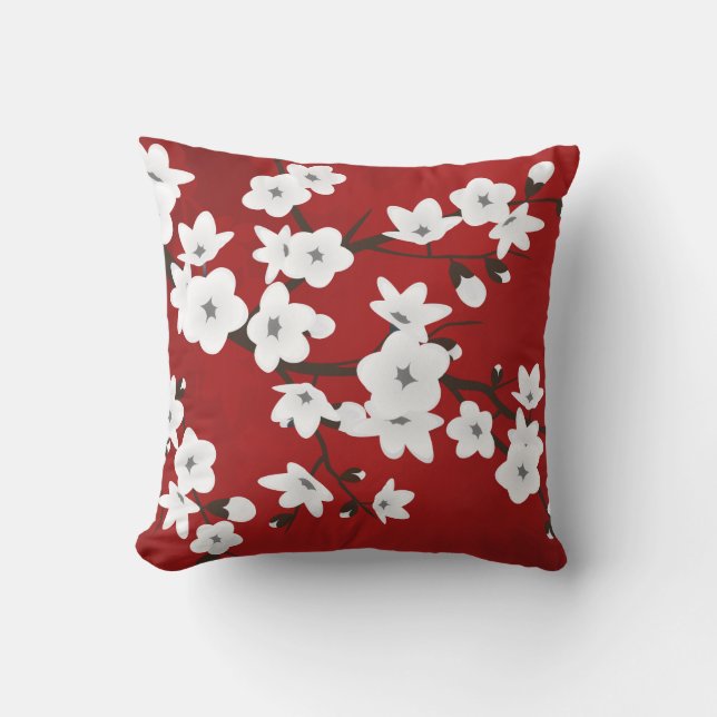 Asia Floral White Cherry Blossom Red Throw Pillow (Front)