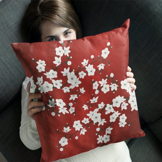 Asia Floral White Cherry Blossom Red Throw Pillow (Creator Uploaded)