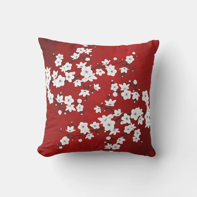Asia Floral White Cherry Blossom Red Throw Pillow (Front)