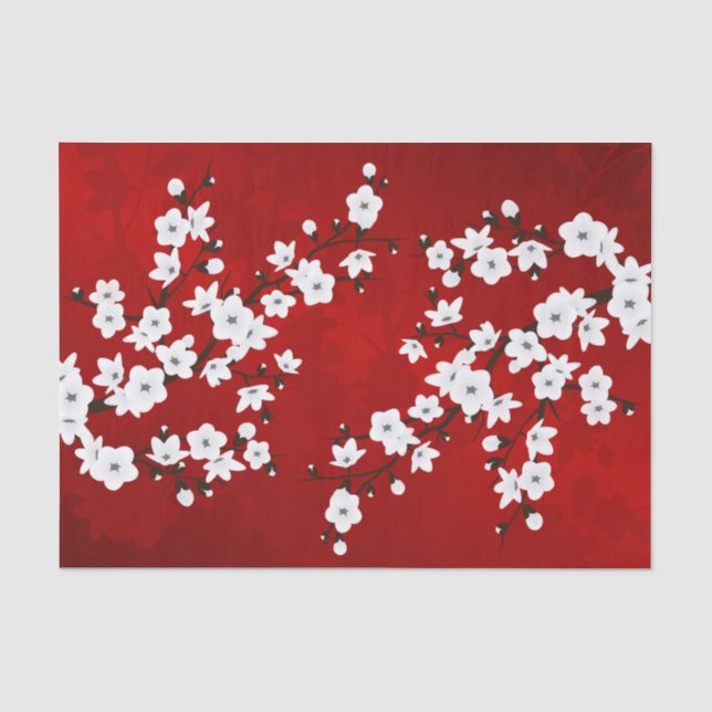 Asia Floral White Cherry Blossom Red Tissue Paper (Front)
