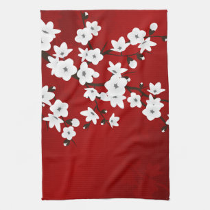 Asia Floral White Cherry Blossom Red Towel