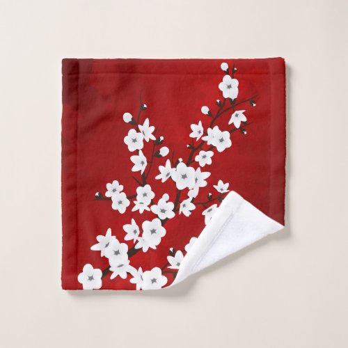 Asia Floral White Cherry Blossom Red Wash Cloth