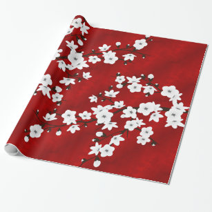 Asia Floral White Cherry Blossom Red Wrapping Paper