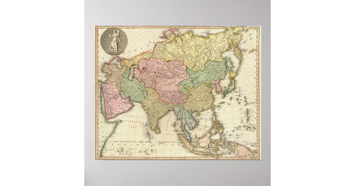 Asia Hand Colored Map Poster | Zazzle