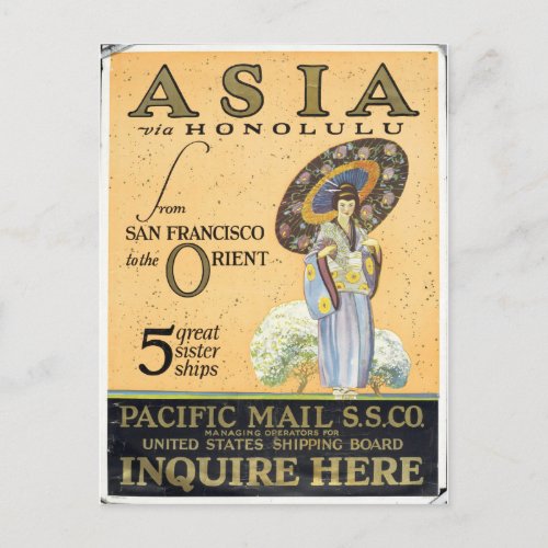 Asia via Honolulu from San Francisco to the Orient Postcard