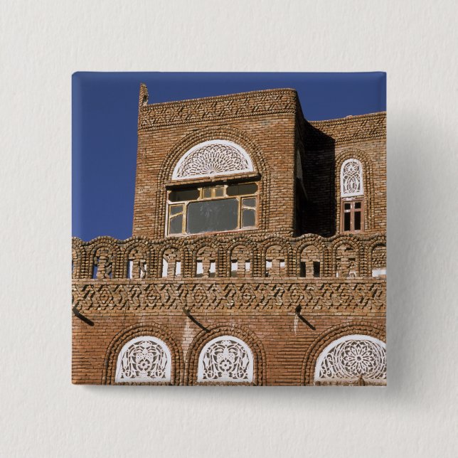 Asia, Yemen, Sana'a. Yemeni architecture detail. Pinback Button (Front)
