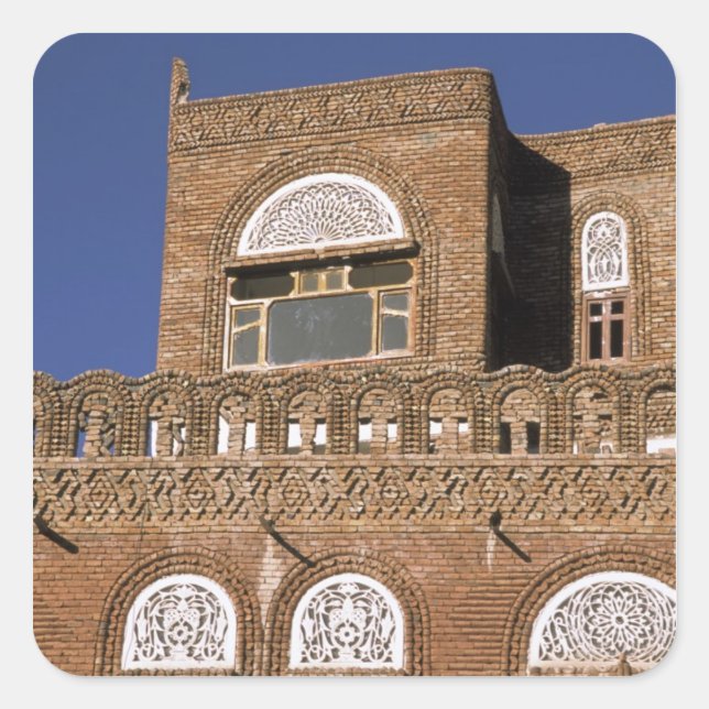 Asia, Yemen, Sana'a. Yemeni architecture detail. Square Sticker (Front)