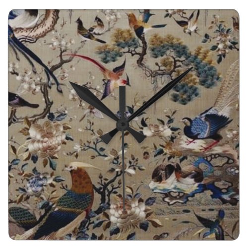 Asian,antique,silk,Painting,nature,Birds,vintage,c Square Wall Clock