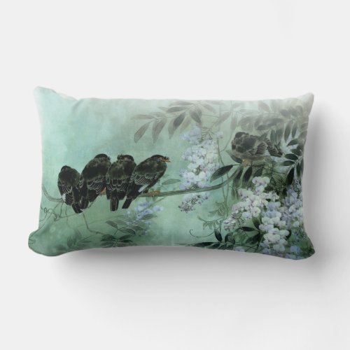 Asian Art Birds on a Wisteria Branch Lumbar Pillow